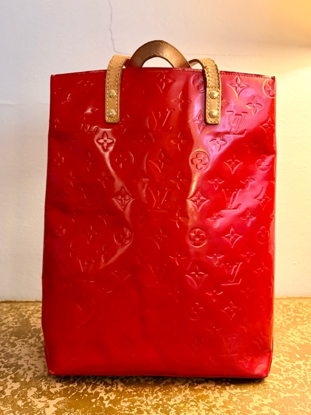Louis Vuitton Red Vernis Patent Tote with Natural Leather Trim